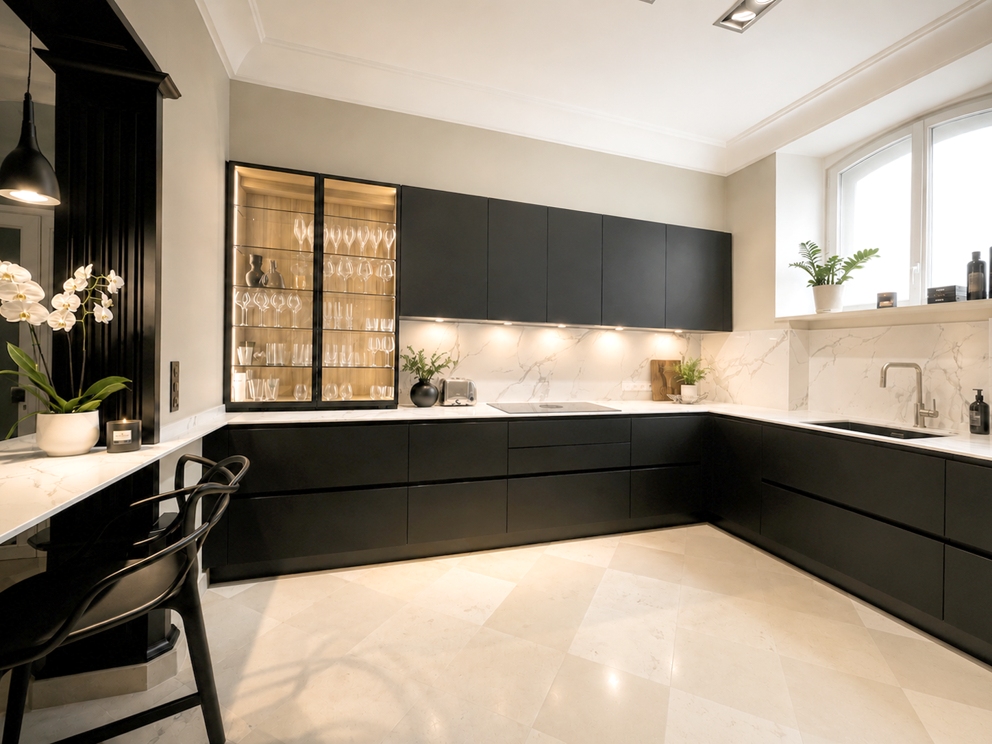 Agencement sur mesure d'une cuisine moderne noire et blanche avec marbre blanc à Angers