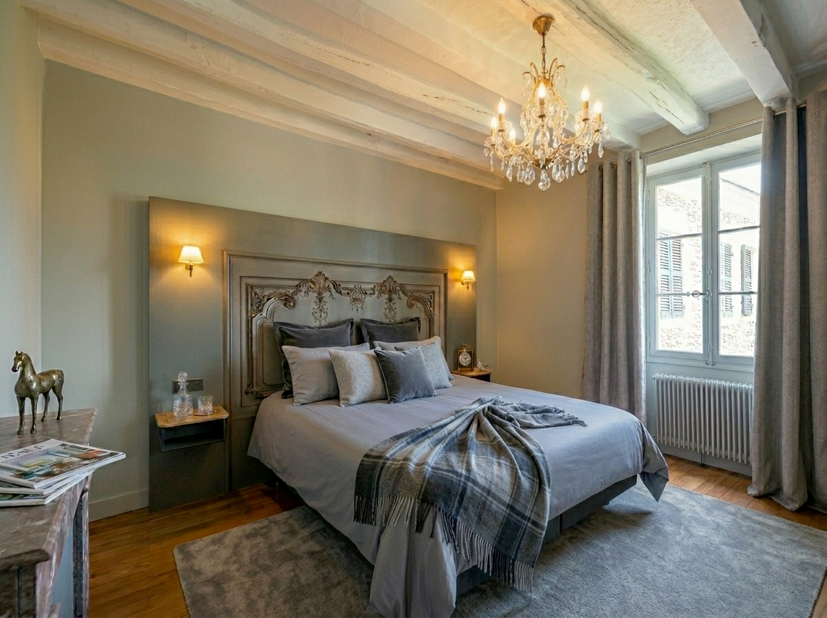 décoration d'une chambre dans maison ancienne de style baroque renaissance dans les tons de gris sur angers