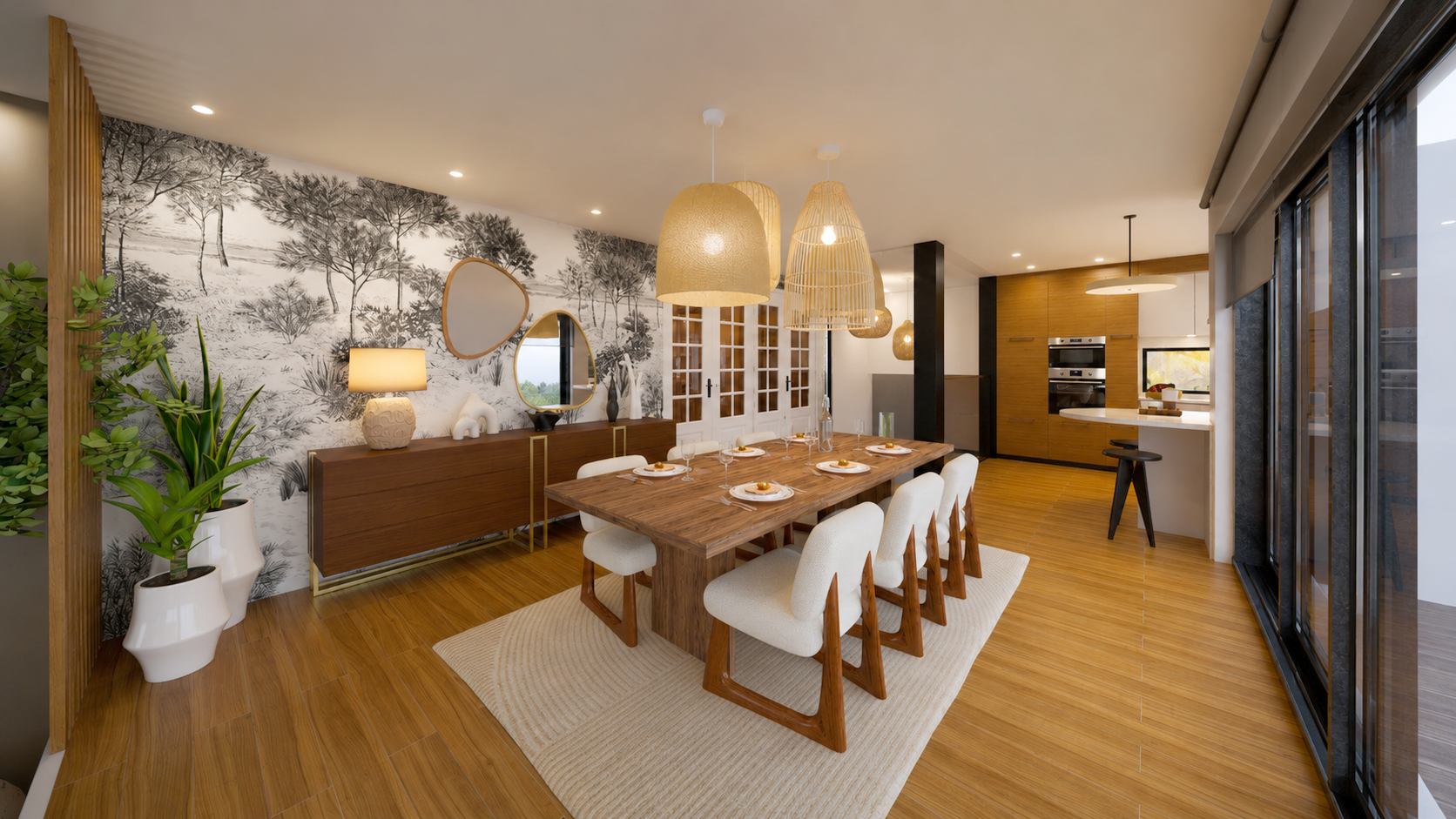 Modélisation 3D d'une salle à manger contemporaine pour un projet d'aménagement intérieur aux Sables-d'Olonne en Vendée