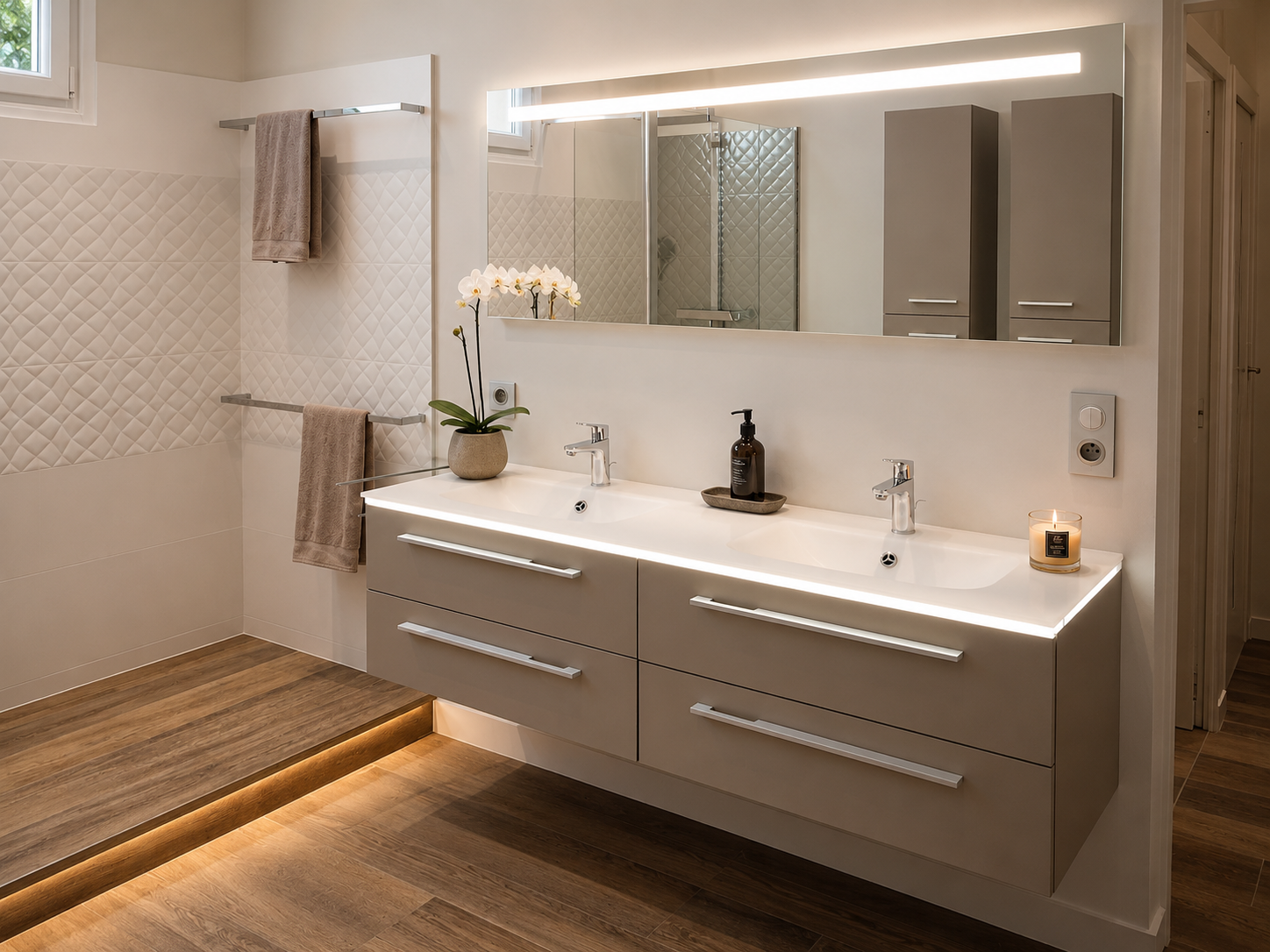 Salle de bain moderne avec carrelage imitation parquet bois dans un projet d'aménagement intérieur à Angers